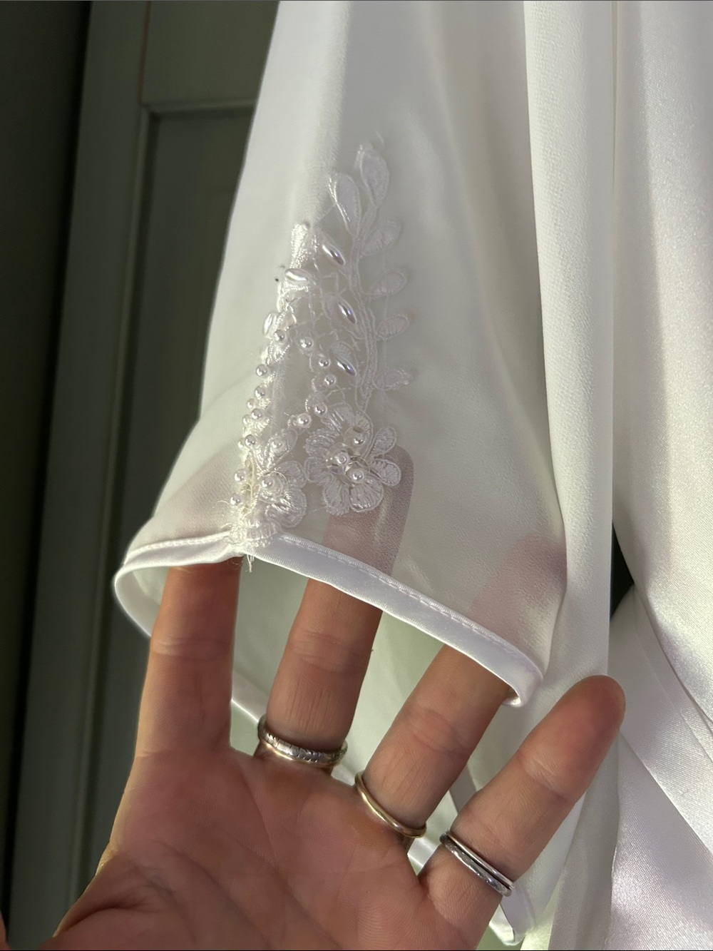 Satin Long Robe with Lace Embroidery in White - Picture 4 of 5